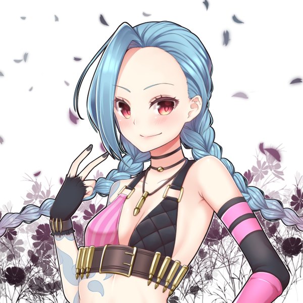 Anime picture 1488x1488 with league of legends jinx (league of legends) michu love single long hair blush fringe smile red eyes blue hair looking away upper body braid (braids) nail polish tattoo hand on hip twin braids victory black nail polish girl