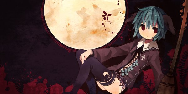 Anime picture 1200x607 with touhou kasodani kyouko govurin (artist) short hair red eyes wide image animal ears green hair girl thighhighs black thighhighs moon broom