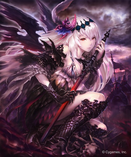 イラスト 1000x1200 と 神撃のバハムート シャドウバース dark jeanne 久方綜司 長髪 長身像 カメラ目線 前髪 light erotic 笑顔 hair between eyes 赤い目 肩出し holding cloud (clouds) bent knee (knees) white hair 角 仕事絵 copyright name