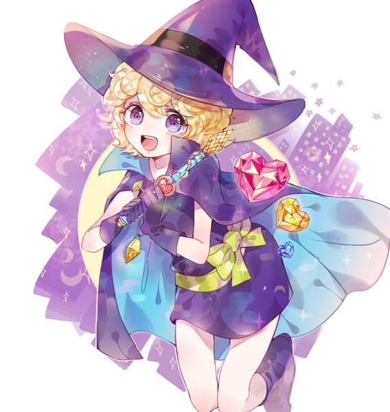 Anime picture 1100x1162 with sugar sugar rune studio pierrot vanilla mieux jikgu single tall image looking at viewer fringe short hair open mouth blonde hair hair between eyes white background purple eyes holding bent knee (knees) :d bare legs sparkle city