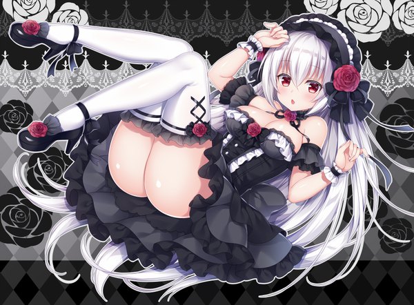 Anime picture 1000x737 with original mitsuba choco single blush fringe breasts open mouth light erotic hair between eyes red eyes large breasts cleavage full body white hair very long hair hand on head leg lift (legs lift) lolita fashion goth-loli rhombus