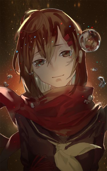 Anime picture 800x1280 with kagerou project shaft (studio) tateyama ayano xiayu93 single long hair tall image looking at viewer brown hair brown eyes light smile tears girl uniform hair ornament school uniform hairclip scarf bubble (bubbles)