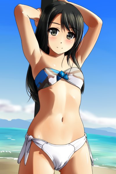 Anime picture 800x1200 with original matsunaga kouyou single long hair tall image looking at viewer blush light erotic black hair standing brown eyes sky cloud (clouds) armpit (armpits) beach cameltoe ass visible through thighs girl navel swimsuit