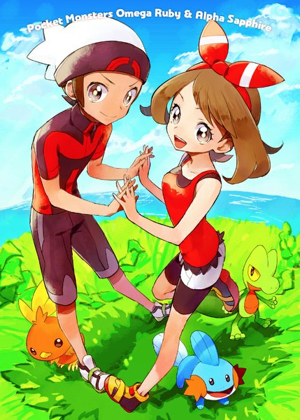 Anime picture 652x912 with pokemon pokemon (game) pokemon oras nintendo may (pokemon) mudkip torchic ruby (pokemon) treecko kurochiroko tall image looking at viewer short hair open mouth smile brown hair bare shoulders sky cloud (clouds) from above