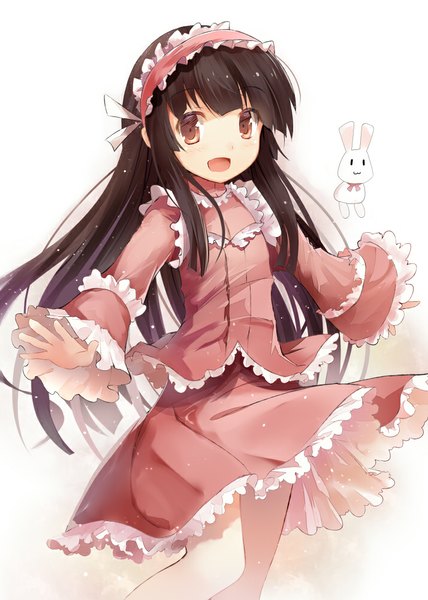 Anime picture 714x1000 with touhou houraisan kaguya efe single long hair tall image looking at viewer open mouth black hair brown eyes :3 girl dress animal frills bunny headscarf