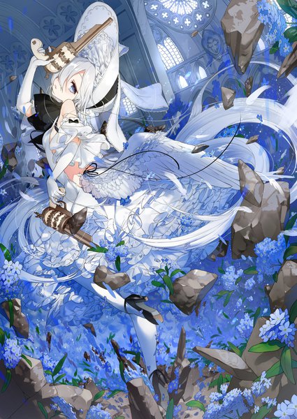 Anime picture 1718x2425 with original tonito single tall image looking at viewer fringe highres blue eyes holding silver hair very long hair hair over one eye white wings dual wielding girl gloves flower (flowers) weapon hat wings