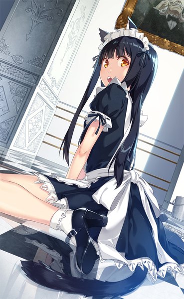 Anime picture 529x858 with original kimura (ykimu) single long hair tall image looking at viewer open mouth black hair sitting animal ears full body bent knee (knees) indoors tail animal tail looking back cat ears maid cat girl cat tail