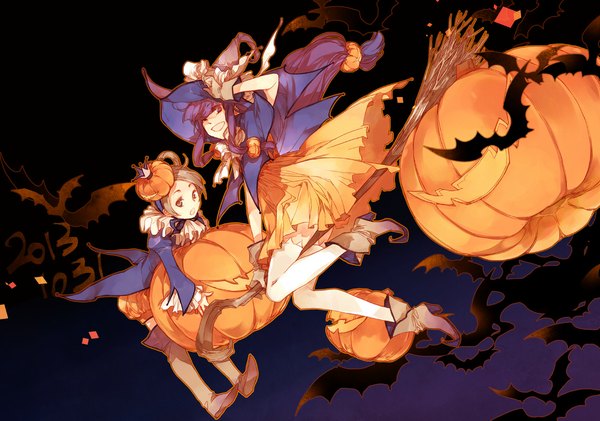 Anime picture 1138x800 with ace attorney maya fey ayasato harumi niian long hair looking at viewer fringe open mouth simple background brown hair sitting multiple girls purple hair wind halloween flying witch girl thighhighs gloves