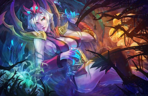 Anime picture 3506x2292 with league of legends elise (league of legends) monori rogue single fringe highres short hair breasts blue eyes light erotic absurdres silver hair lips pantyshot reclining girl thighhighs underwear panties black thighhighs