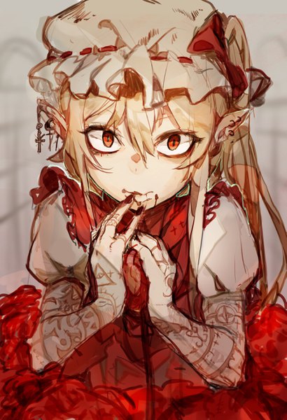 Anime picture 1765x2582 with touhou flandre scarlet hiranko single long hair tall image looking at viewer fringe highres simple background blonde hair hair between eyes red eyes nail polish pointy ears tattoo piercing side ponytail ear piercing slit pupils