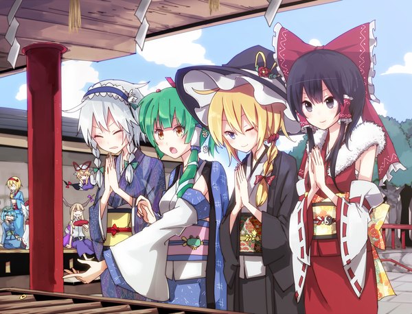 Anime picture 1093x835 with touhou hakurei reimu kirisame marisa izayoi sakuya yakumo yukari kochiya sanae alice margatroid ibuki suika kawashiro nitori shirofox (artist) long hair blush fringe short hair blue eyes black hair blonde hair multiple girls holding yellow eyes