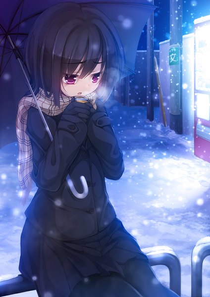 Anime picture 707x1000 with original kurenai musume single tall image fringe short hair open mouth black hair purple eyes outdoors pleated skirt night looking down light snowing snow exhalation steam cold girl