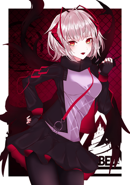 Anime-Bild 3000x4243 mit arknights w (arknights) shi to na single tall image looking at viewer blush fringe highres short hair breasts open mouth red eyes standing holding silver hair ahoge blunt bangs long sleeves :d