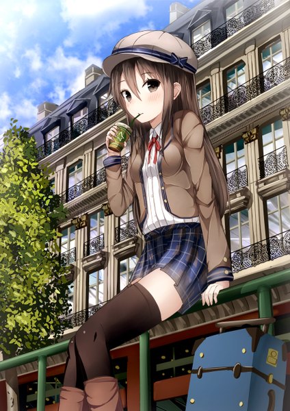Anime picture 918x1300 with original morerin single long hair tall image looking at viewer blush brown hair sitting sky cloud (clouds) black eyes drinking girl thighhighs skirt black thighhighs plant (plants) tree (trees) window