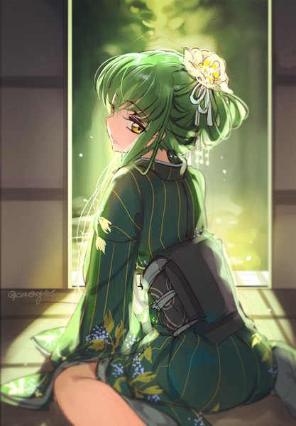 Anime picture 557x800 with code geass sunrise (studio) c.c. creayus single long hair tall image looking at viewer fringe smile sitting signed yellow eyes bent knee (knees) long sleeves traditional clothes japanese clothes profile looking back hair flower