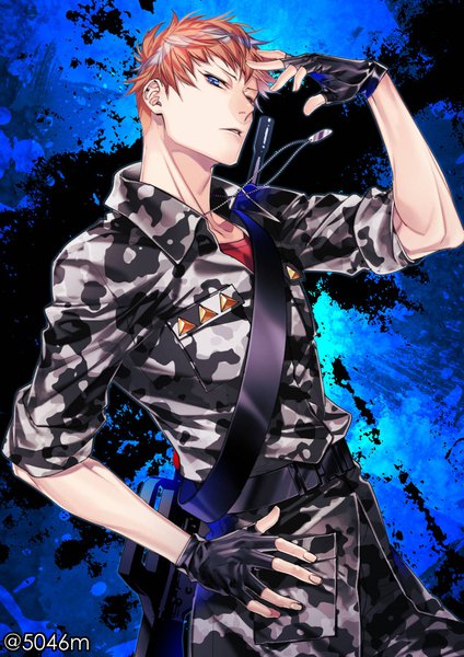 Anime picture 800x1131 with hypnosis mic busujima riou mason 5046m single tall image looking at viewer short hair blue eyes standing signed upper body orange hair hand on hip twitter username hand on head camouflage boy gloves weapon black gloves