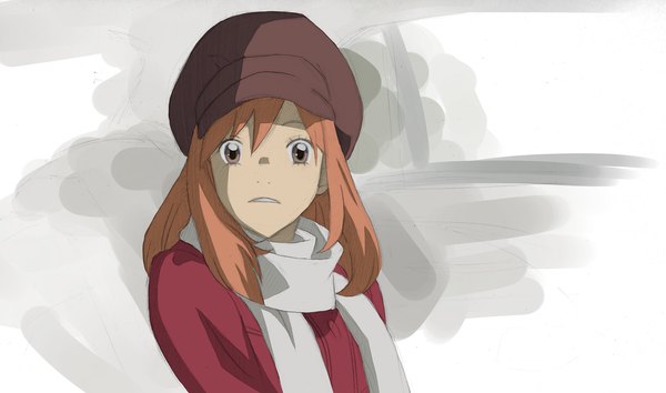 Anime picture 1596x944 with higashi no eden production i.g morimi saki koro11 single simple background wide image brown eyes orange hair girl hat scarf
