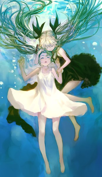 Anime picture 1100x1900 with vocaloid shinkai shoujo (vocaloid) hatsune miku zrero long hair tall image open mouth smile twintails multiple girls eyes closed multicolored hair barefoot sunlight aqua hair bare legs hug underwater dual persona multiple persona