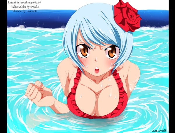 Anime picture 2361x1800 with fairy tail yukino aguria tongasart single blush highres short hair open mouth light erotic brown eyes blue hair hair flower wet coloring girl hair ornament flower (flowers) water bikini top fist