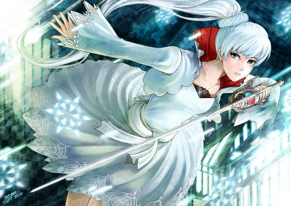 Anime picture 3508x2480 with rwby rooster teeth weiss schnee single long hair fringe highres blue eyes looking away absurdres ponytail fingernails aqua hair glowing girl dress sword snowflake (snowflakes)
