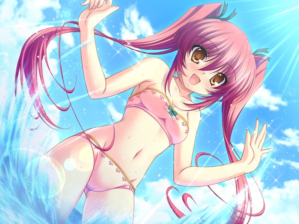 Anime picture 1200x900 with long hair open mouth light erotic twintails yellow eyes pink hair game cg swimsuit bikini