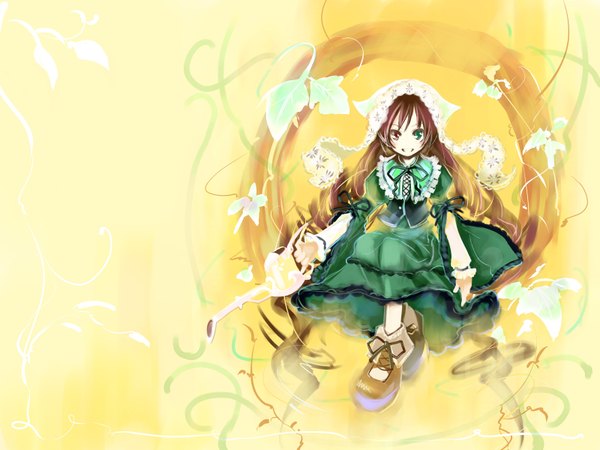 Anime picture 1600x1200 with rozen maiden suiseiseki ushiki yoshitaka long hair heterochromia yellow background girl