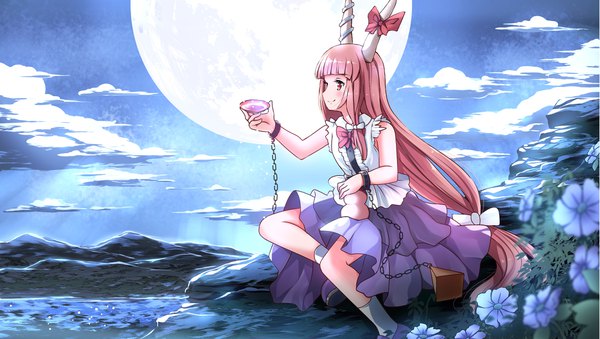 Anime picture 2205x1248 with touhou ibuki suika risutaru single long hair blush fringe highres smile wide image sitting holding payot looking away pink hair cloud (clouds) bent knee (knees) outdoors blunt bangs profile