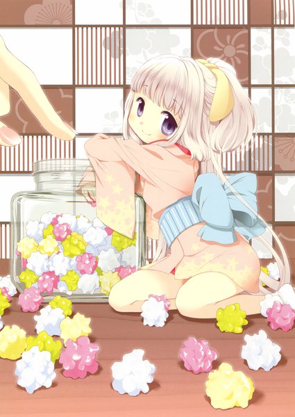 Anime picture 2335x3300 with original eshi 100-nin ten aoki ume long hair tall image blush highres blue eyes smile white hair traditional clothes japanese clothes scan girl bow hair bow socks food sweets kimono