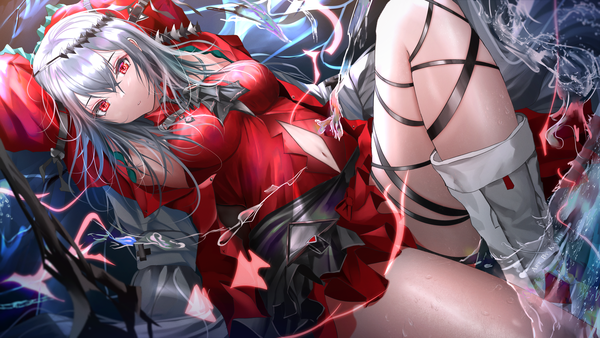Anime picture 3840x2160 with arknights skadi (arknights) skadi the corrupting heart (arknights) kayjae single long hair looking at viewer fringe highres hair between eyes red eyes wide image signed absurdres silver hair bent knee (knees) lying arms up on back official alternate costume