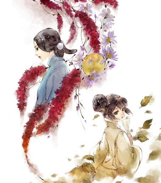 Anime picture 1417x1610 with original kei shu (artist) tall image green eyes traditional clothes profile looking back wind lipstick back looking down red lipstick girl flower (flowers) leaf (leaves) branch paper