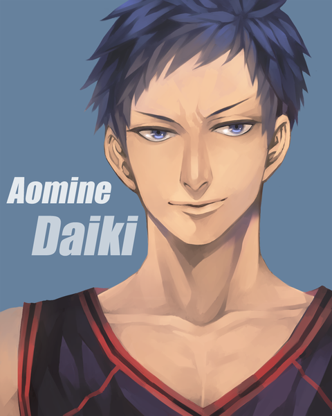 Anime picture 1000x1250 with kuroko no basket production i.g aomine daiki teebohne single tall image short hair blue eyes simple background blue hair inscription character names portrait close-up blue background face boy uniform gym uniform basketball uniform