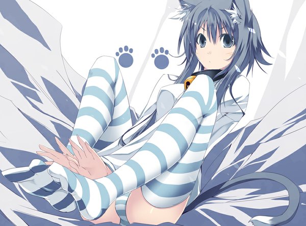 Anime picture 896x664 with original satomi looking at viewer fringe short hair blue eyes light erotic animal ears blue hair tail lying animal tail cat ears cat girl cat tail no shoes soles girl thighhighs underwear