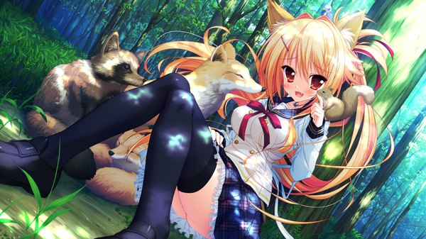 Anime picture 1280x720 with magical marriage lunatics!! karin amagi yamakaze ran long hair blush open mouth light erotic blonde hair red eyes wide image animal ears game cg tail animal tail fox ears fox tail fox girl girl thighhighs uniform