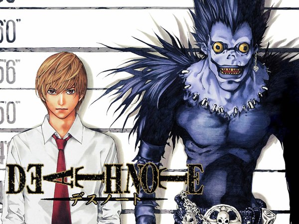 Anime picture 1024x768 with death note madhouse yagami light ryuk looking at viewer fringe short hair open mouth black hair hair between eyes brown hair brown eyes upper body black eyes teeth copyright name sharp teeth shinigami boy shirt