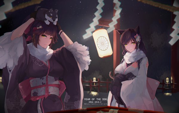 Anime picture 4421x2813 with azur lane atago (azur lane) takao (azur lane) atago (features of winter) (azur lane) orga (orgacl) long hair looking at viewer fringe highres breasts black hair smile large breasts standing multiple girls holding signed animal ears yellow eyes payot