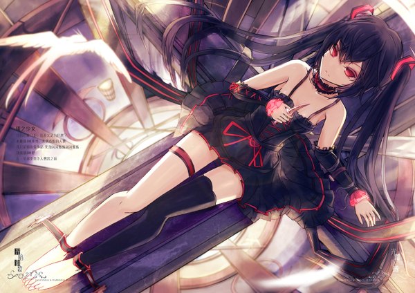 Anime picture 1400x990 with vocaloid hatsune miku wangchuan de quanyan single long hair looking at viewer fringe hair between eyes red eyes sitting twintails holding full body barefoot from above alternate costume bondage lolita fashion goth-loli gothic