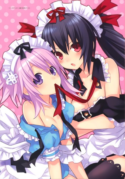 Anime picture 4904x6978 with choujigen game neptune noire nepgear tsunako long hair tall image blush highres short hair open mouth black hair red eyes purple eyes multiple girls holding pink hair absurdres official art mouth hold ribbon in mouth