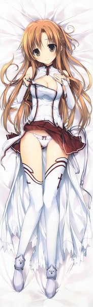Anime picture 2242x7325 with sword art online a-1 pictures yuuki asuna karory single long hair tall image looking at viewer blush highres breasts light erotic brown hair brown eyes cleavage scan skirt lift dakimakura (medium) girl thighhighs