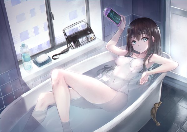 Anime picture 2000x1414 with original hakua mill single long hair looking at viewer fringe highres breasts light erotic hair between eyes brown hair bare shoulders holding bent knee (knees) indoors head tilt aqua eyes from above bare legs partially submerged