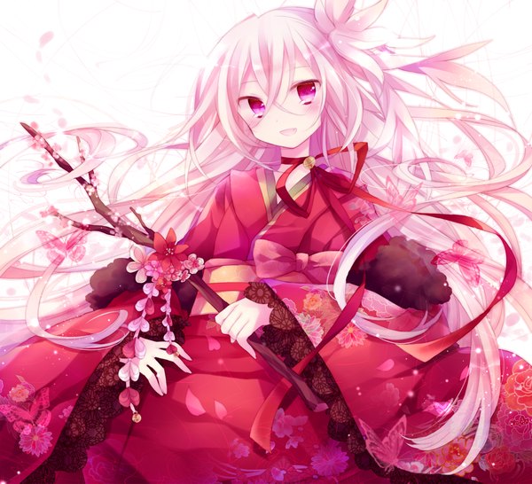Anime picture 1097x1000 with original ibara riato single long hair blush simple background pink hair japanese clothes pink eyes cherry blossoms girl bow petals belt kimono insect butterfly