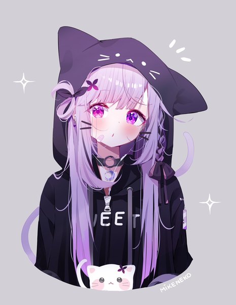 Anime picture 1085x1400 with virtual youtuber indie virtual youtuber mikeneko (vtuber) deyui single long hair tall image looking at viewer blush fringe open mouth simple background standing purple eyes payot purple hair upper body tail blunt bangs head tilt