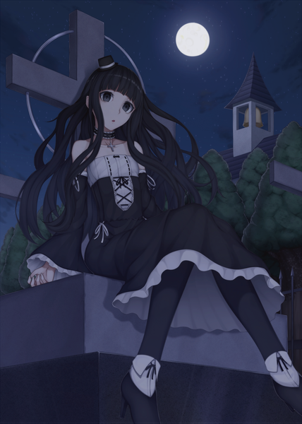 Anime picture 1071x1500 with original heisei yutorin single long hair tall image looking at viewer black hair sitting black eyes night girl dress hat detached sleeves moon cross mini hat mini top hat cross necklace