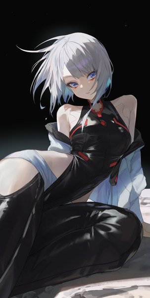 Anime picture 2022x4001 with cyberpunk edgerunners studio trigger lucy (cyberpunk) bafangyu single tall image fringe highres short hair light erotic sitting purple eyes looking away silver hair off shoulder arm support girl bodysuit