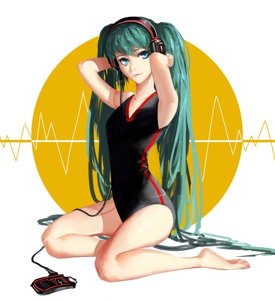 Anime picture 3899x4273 with vocaloid hatsune miku g q single tall image looking at viewer fringe highres twintails bare shoulders absurdres bent knee (knees) barefoot aqua eyes aqua hair bare legs no shoes arms behind head girl swimsuit
