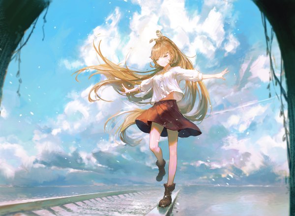 Anime picture 4556x3341 with virtual youtuber hololive hololive english nanashi mumei dino (dinoartforame) single long hair blush fringe highres smile brown hair brown eyes looking away absurdres sky cloud (clouds) full body outdoors ponytail