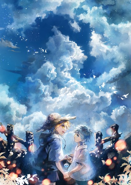 Anime-Bild 650x918 mit kuroko no basket production i.g kuroko tetsuya kise ryouta salvia tall image short hair open mouth blue eyes blonde hair yellow eyes blue hair sky cloud (clouds) looking back sunlight multiple boys holding hands happy flying