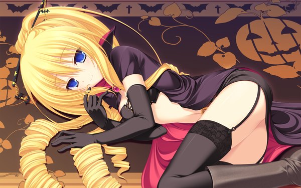 Anime picture 2560x1600 with neko koi! whirlpool (studio) koshimizu rei mikagami mamizu long hair highres blue eyes light erotic blonde hair wide image drill hair girl thighhighs black thighhighs