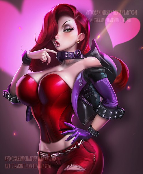 Anime picture 742x900 with who framed roger rabbit jessica rabbit sakimichan single long hair tall image fringe breasts open mouth light erotic large breasts standing bare shoulders green eyes looking away red hair nail polish fingernails lips hair over one eye
