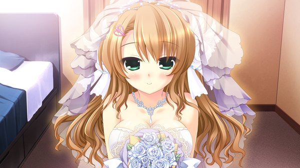 Anime picture 1280x720 with yume koi natsume sakuya kenichi long hair blush breasts smile brown hair wide image large breasts bare shoulders green eyes game cg cleavage dress hair ornament white dress pillow bed wedding dress