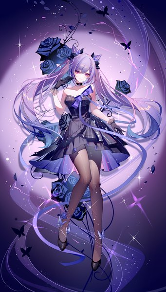 Anime picture 1138x2000 with genshin impact keqing (genshin impact) keqing (oneplus) (genshin impact) sheya single long hair tall image looking at viewer fringe smile hair between eyes purple eyes twintails purple hair full body sparkle hair bun (hair buns) official alternate costume girl dress